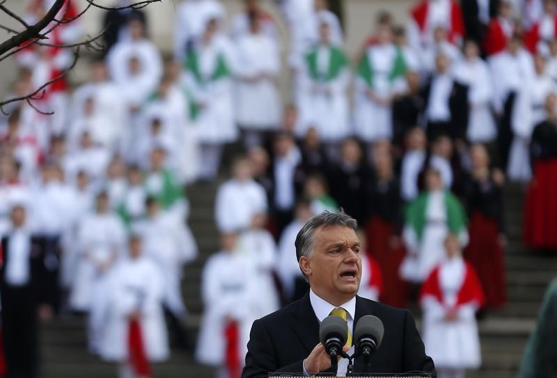 © Reuters. Hungarian Prime Minister Orban addresses during the Hungary's National Day celebrations in Budapest