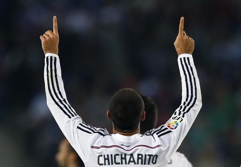 © Reuters. Real Madrid's Javier Hernandez celebrates a goal against Cornella during their Spanish King's Cup soocer match in Cornella-El Prat, near Barcelona