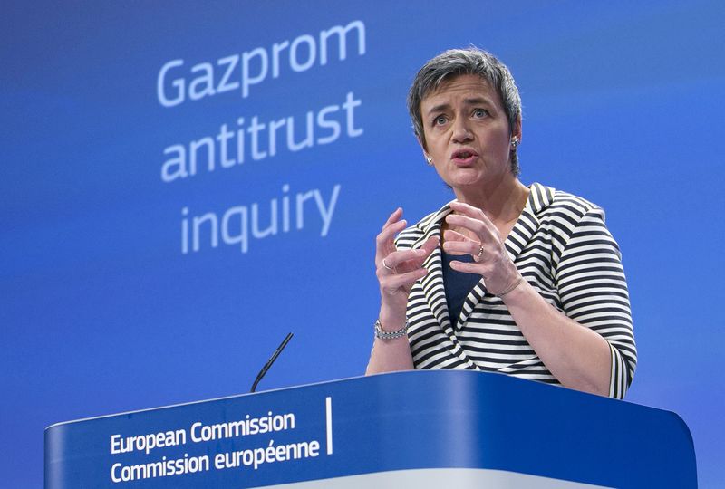 © Reuters. European Competition Commissioner Vestager addresses a news conference on Gazprom at the EU Commission headquarters in Brussels  