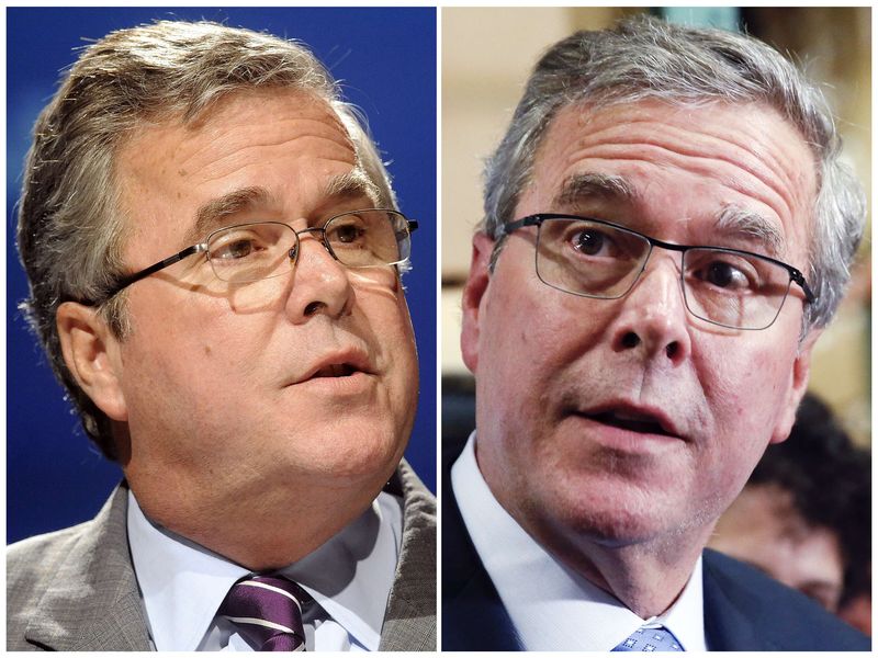 © Reuters. A combination of file photos of former Florida Governor Jeb Bush shows him speaking in 2012 and campaigning in Hudson, New Hampshire in 2015