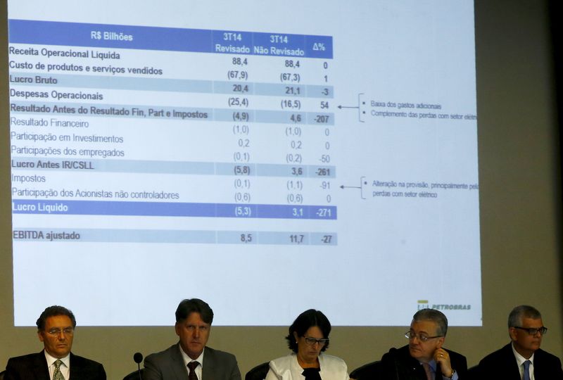 © Reuters. Diretoria da Petrobras durante coletiva de imprensa sobre resultados de 2014.