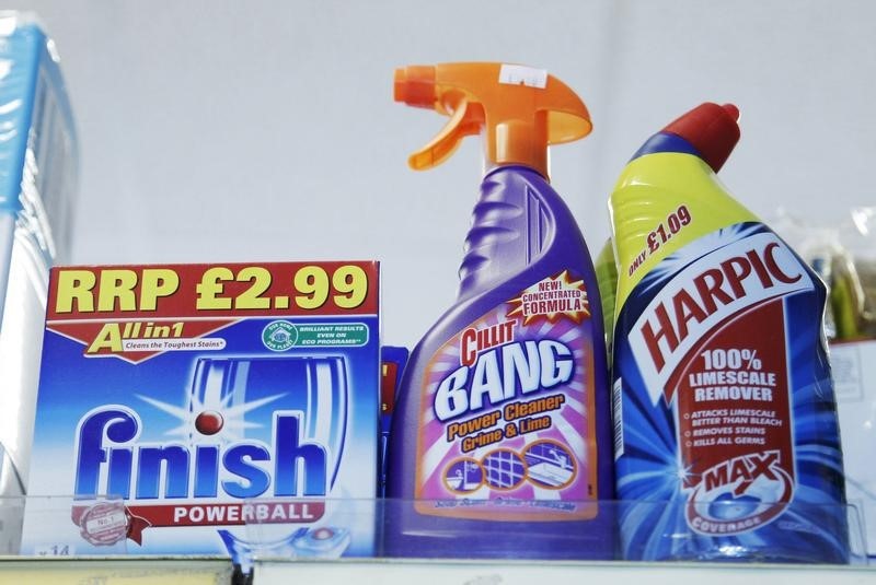 © Reuters. Products made by Reckitt Benckiser stand on a shelf in a store in Brighton southern England