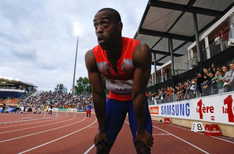 © Reuters. Gay of the U.S. reacts after winning in the 100m event of the Lausanne Diamond League meeting in Lausanne