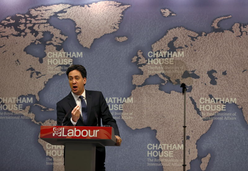 © Reuters. Britain's opposition Labour party leader Ed Miliband addresses an audience during a campaign event in London