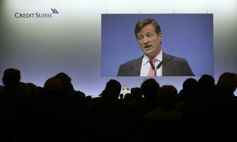 © Reuters. Departing CEO Dougan of Swiss bank Credit Suisse addresses the annual shareholder meeting in Zurich