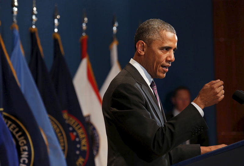 © Reuters. President Barack Obama delivers remarks at the Office of the Director of National Intelligence In McLean