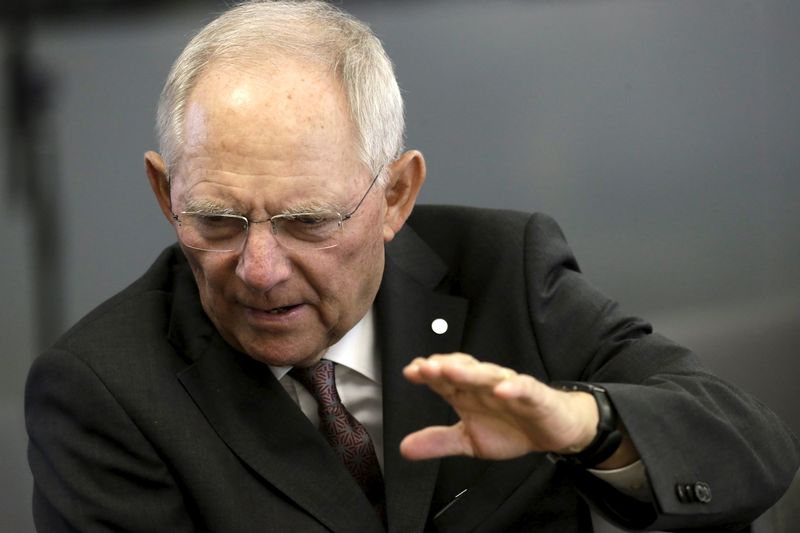 © Reuters. Minister of Finance of Germany Schaeuble attends Eurogroup tour-de-table during informal meeting of Ministers for Economic and Financial Affairs in Riga