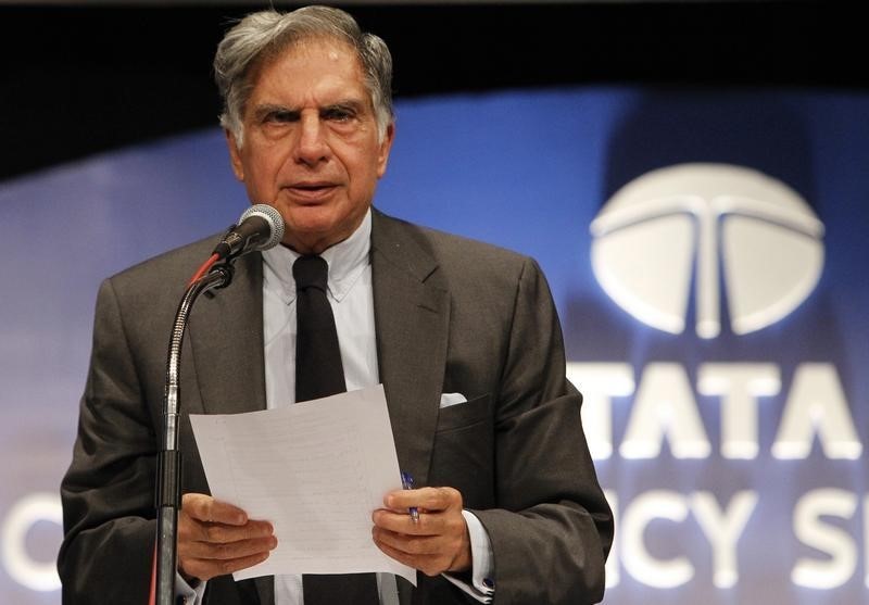 © Reuters. Ratan Tata, chairman of the Tata Group, speaks during the annual general meeting of Tata Consultancy Services in Mumbai