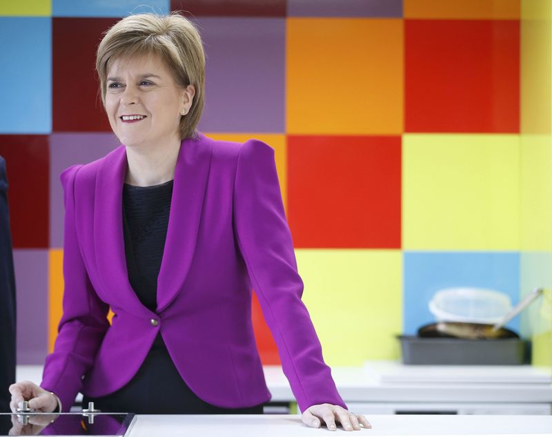 © Reuters. Nicola Sturgeon, the leader of the Scottish National Party, visits the Cook School during a campaign event, in Kilmarnock, Scotland