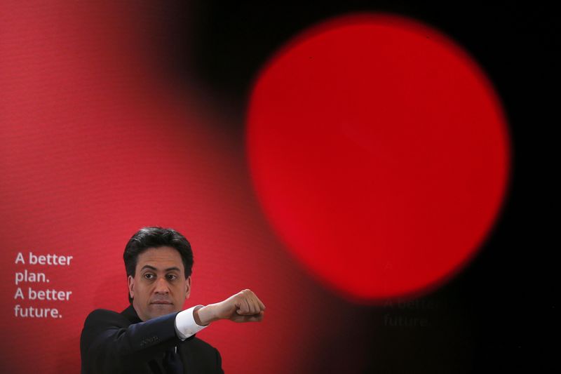 © Reuters. Britain's opposition Labour Party leader Miliband delivers an election speech to supporters in London