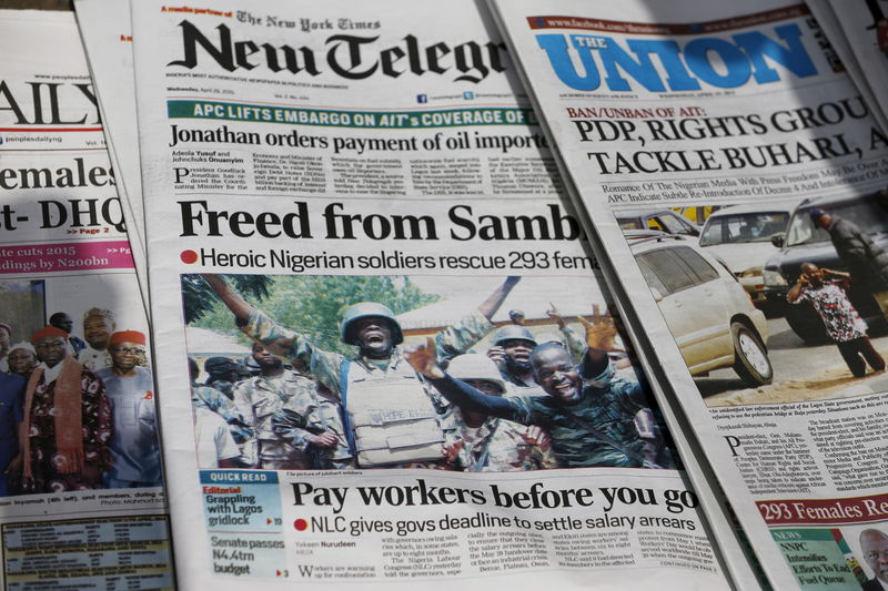 © Reuters. The front page of a newspaper featuring an article about a group of women being rescued by the Nigerian army, is seen in Abuja