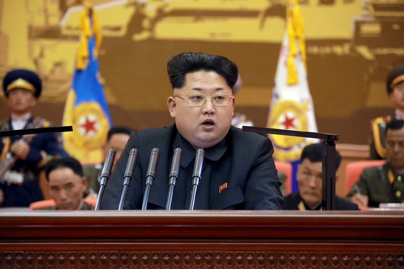 © Reuters. North Korean leader Kim speaks during the 5th meeting of training officers of the Korean People's Army in this undated photo released by KCNA in Pyongyang