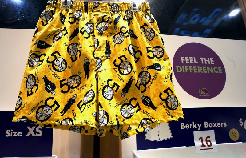 © Reuters. Berkshire Hathaway commemorative underwear featuring Berkshire CEO Warren Buffett and vice-chairman Charlie Munger is seen for sale at the shareholder's shopping day in Omaha


