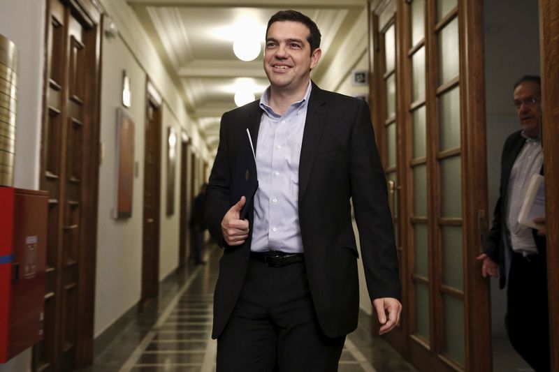 © Reuters. Greek PM Tsipras arrives for a cabinet meeting at the parliament building in Athens 