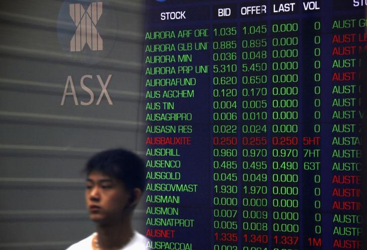 © Reuters. A pedestrian is reflected in the window of the Australian Securities Exchange with boards displaying stock movements, in central Sydney