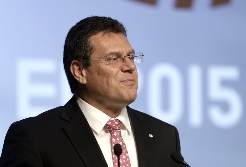 © Reuters. European Commission Vice President Sefcovic speaks during Energy Union conference in Riga