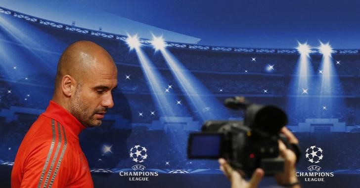 © Reuters. Técnico do Bayern de Munique, Pep Guardiola, durante entrevista coletiva no Camp Nou, em Barcelona