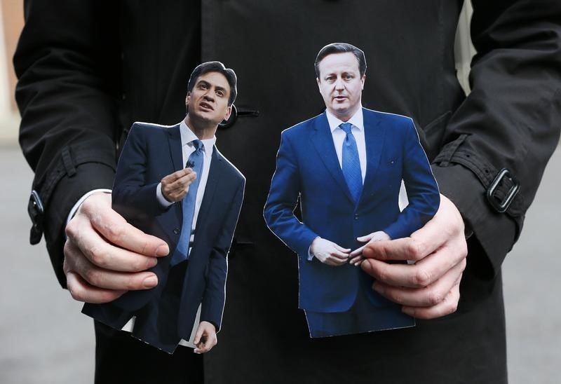 © Reuters. A journalist standing in Downing Street holds cardboard cutouts of Britain's Prime Minister David Cameron and Ed Miliband, the leader of the opposition Labour Party, in central London