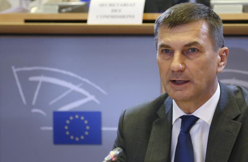 © Reuters. Ansip speaks during his hearing before the EU Parliament's Committee on the Internal Market and Consumer Protection in Brussels