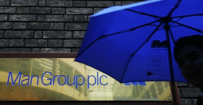 © Reuters. A man passes a sign for Man Group hedge fund firm in London