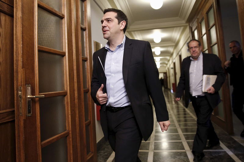 © Reuters. Greek PM Tsipras arrives for a cabinet meeting at the parliament building in Athens 