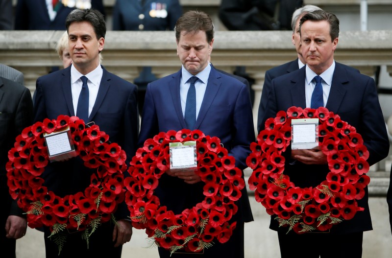 © Reuters. Britain's PM Cameron stands with former former Liberal Democrat leader Clegg and former Labour Party leader Miliband during a VE day ceremony in London