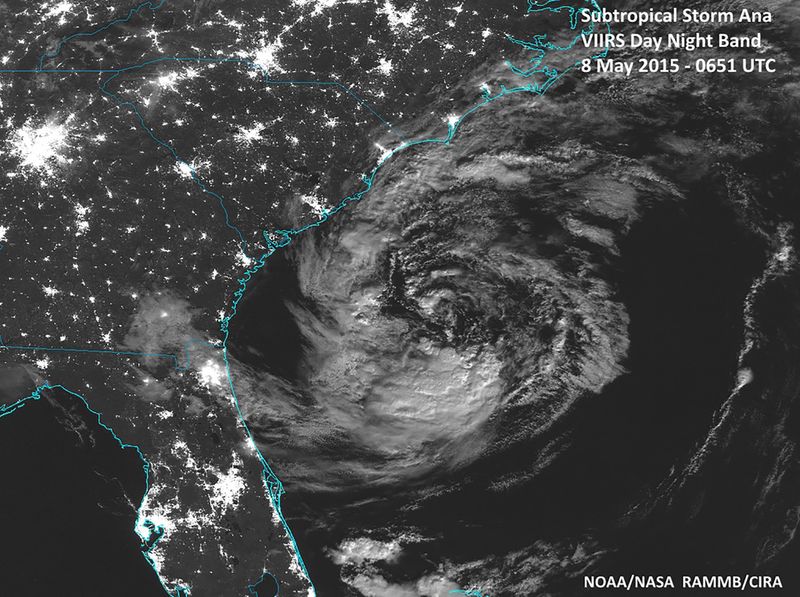 © Reuters. Subtropical Storm Ana is seen in a view from the NOAA Suomi National Polar-obiting Partnership day/night band satellite