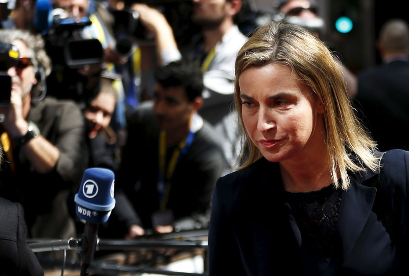 © Reuters. EU foreign policy chief Mogherini arrives at an EU leaders summit in Brussels