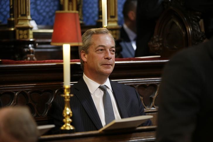 © Reuters. Nigel Farage, former leader of UKIP attends a service of thanksgiving at Westminster Abbey on the final day of 70th VE day commemorations in London