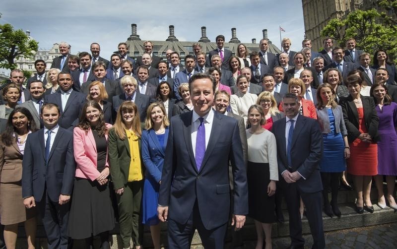 © Reuters. Britain's Prime Minister David Cameron poses for a group photograph with newly-elected Conservative Party MPs, at the Houses of Parliament in London