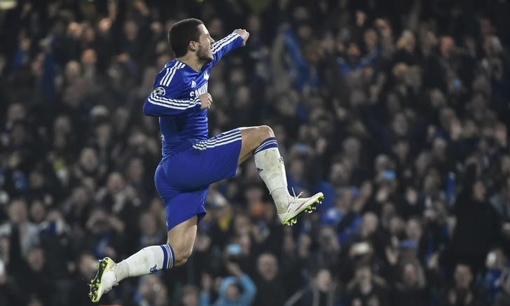 © Reuters. Eden Hazard comemorando gol durante partida contra o Paris Saint-Germain