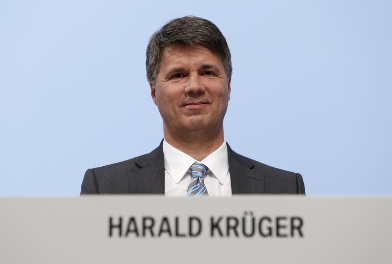 © Reuters. German premium automaker BMW's designated CEO Krueger reacts during company's annual news conference in Munich