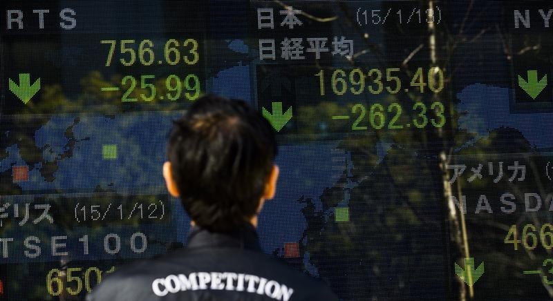 © Reuters. A man looks at an electronic board displaying Japan's Nikkei average in Tokyo