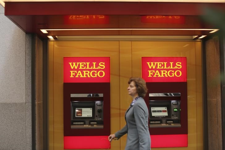 © Reuters. A woman walks past teller machines at a Wells Fargo bank in San Francisco