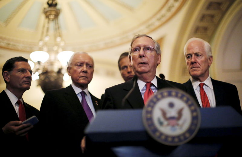 © Reuters. Senate Majority Leader Senator McConnell (R-KY) speak during a news conference accompanied by Senator Barrasso (R-WY), Senator Hatch (R-UT) and Senator Cornyn (R-TX) following party policy lunch meeting at the U.S. Capitol