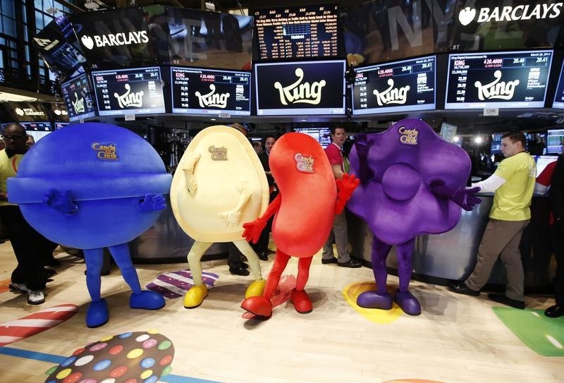 © Reuters. Mascots dressed as characters from the mobile video game "Candy Crush Saga" pose during the IPO of Mobile game maker King Digital Entertainment Plc on the floor of the New York Stock Exchange