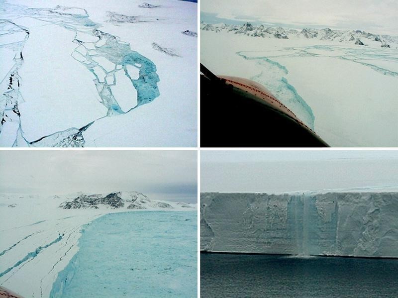 © Reuters. Fotos aéreas de fevereiro e março de 2002 da plataforma de gelo Larsen B, na Antártida