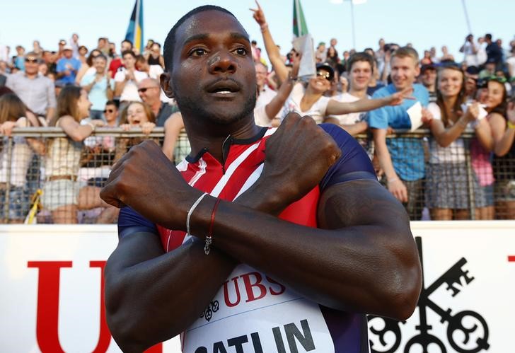 © Reuters. Justin Gatlin of the U.S. reacts after winning the men's 100m race during the Lausanne Diamond League meeting at the Stade de la Pontaise in Lausanne    