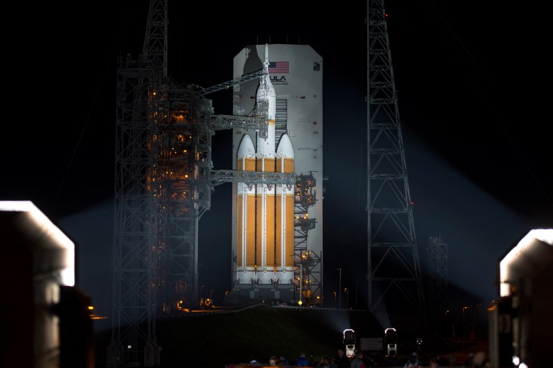 © Reuters. A United Launch Alliance Delta IV Heavy rocket with NASA?s Orion spacecraft mounted atop is seen in this handout photo after the Mobile Service Tower was finished rolling back at Cape Canaveral Air Force Station's Space Launch Complex 37