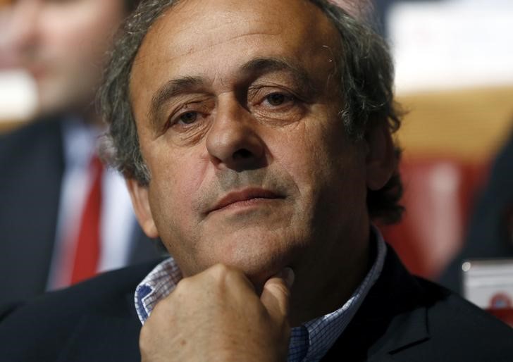 © Reuters. UEFA President Platini waits for the draw of the Champions League semi-finals matches at the UEFA headquarters in Nyon