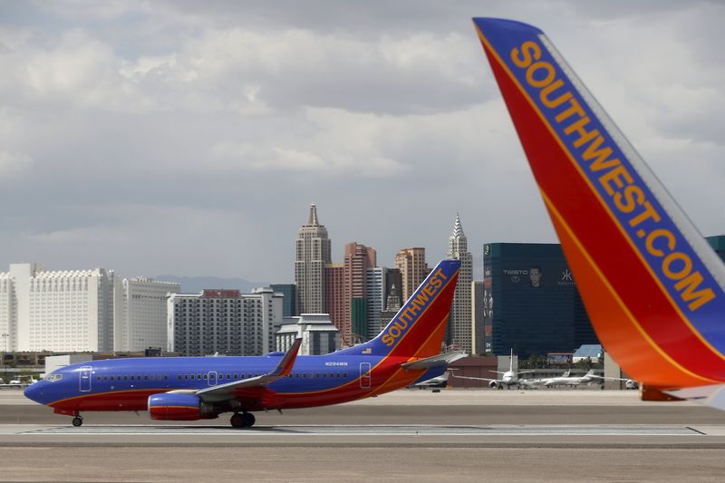 © Reuters. Southwest Airlines planes are seen in front of the Las Vegas strip