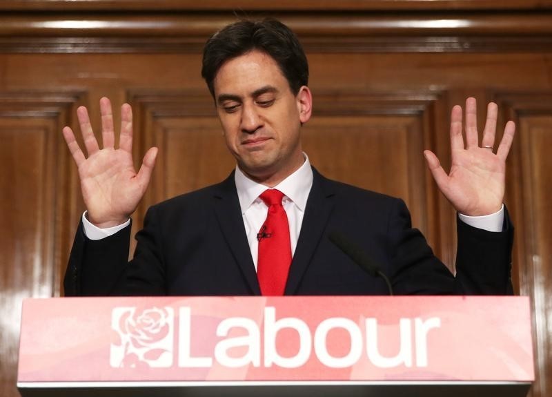 © Reuters. Ed Miliband gestures as he resigns as Britain's opposition Labour Party leader in London