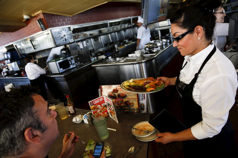 © Reuters. A waitress serves a steak and fried shrimp combo plate to a customer at Norms Diner on La Cienega Boulevard in Los Angeles, California