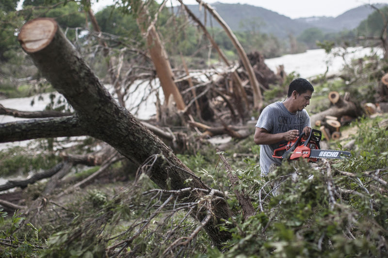 © Reuters. Wilber Gonzales uses a chainsaw to cut fallen tree trunks into small pieces along the banks of the Blanco River in Wimberley Texas