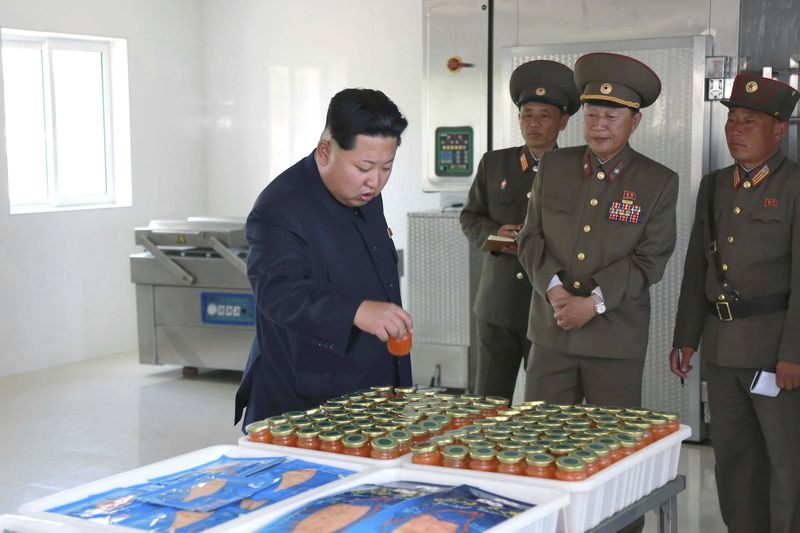 © Reuters. North Korean leader Kim Jong Un gives field guidance at the 810 army units Salmon farms in this undated photo