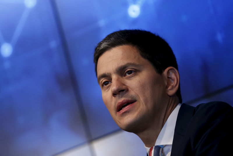 © Reuters. International Rescue Committee Chief Executive David Miliband speaks during a Reuters Newsmaker event at the Thomson Reuters building in New York City