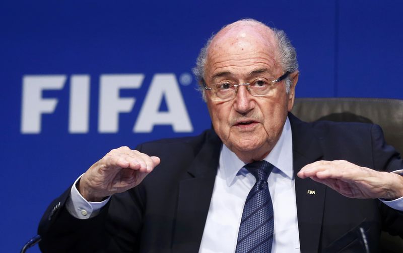 © Reuters. Re-elected FIFA President Blatter gestures during a news conference after an extraordinary Executive Committee meeting in Zurich
