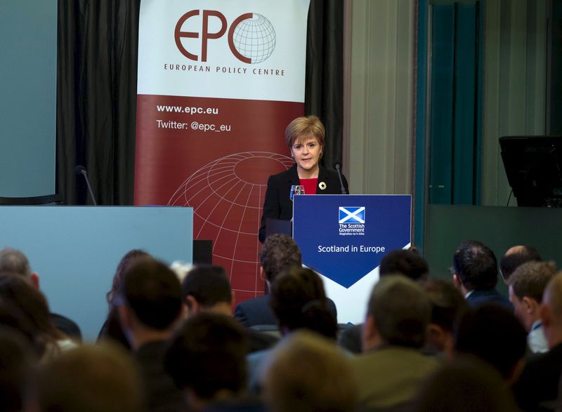 © Reuters. Scotland First Minister Nicola Sturgeon gives an address at the European Policy Center in Brussels