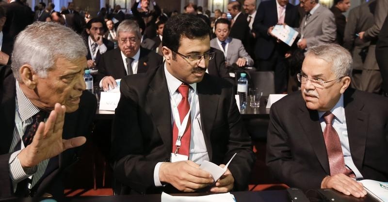 © Reuters. OPEC Secretary-General al-Badri, Qatar's Minister of Energy and Industry Saleh al-Sada and Saudi Arabian Oil Minister al-Naimi attend the OPEC seminar in Vienna