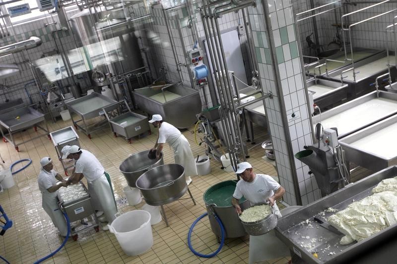 © Reuters. Workers produce buffalo mozzarella cheese at a dairy in the Campania region town of Caianello